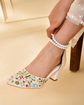 FLORETTA - Ivory White Embellished Block Heel